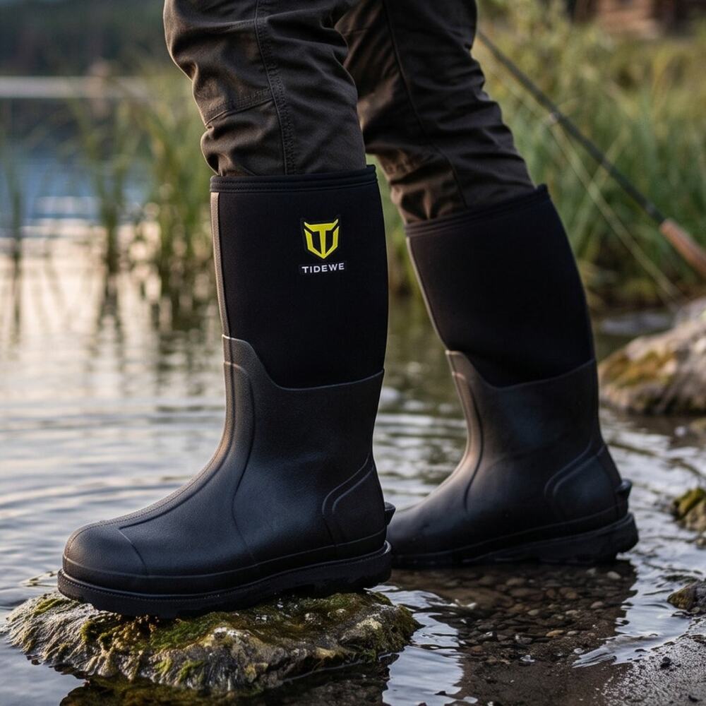 TIDEWE Men's 11 Black Rubber Rain Boots Neoprene Steel Shank Waterproof Workwear